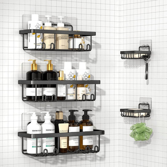 Ymozto Adhesive Shower Caddy,5 Pack Rustproof Stainless Steel Bathroom Organizers and Storage,Large Capacity Bathroom Shower Organizer,No Drilling Shelves for Storage & Home Decor,Black