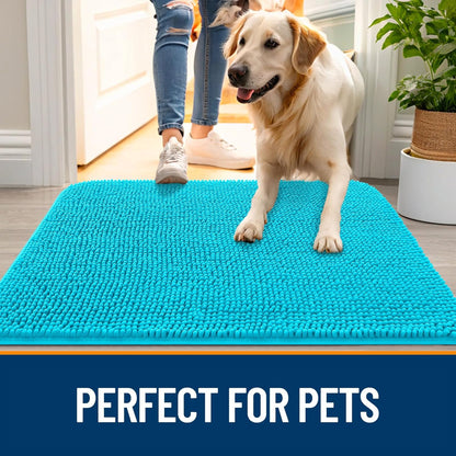 OLANLY Dog Door Mat - Absorbent Non-Slip Chenille Mat for Muddy Paws | 59x24 Inches, Aqua Blue