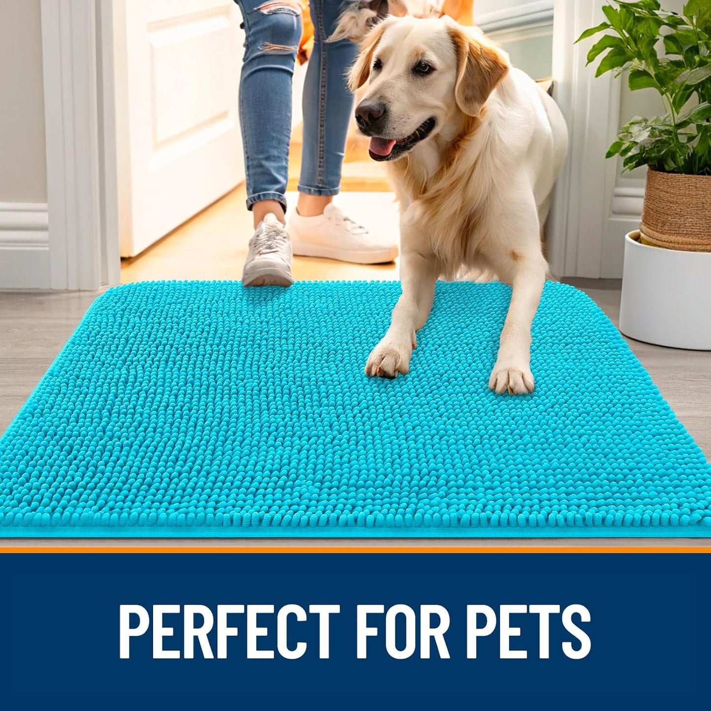 OLANLY Dog Door Mat - Absorbent Non-Slip Chenille Mat for Muddy Paws | 54x32 Inches, Aqua Blue