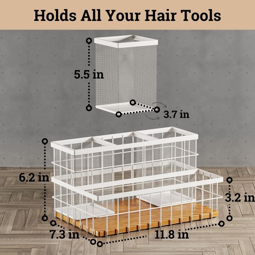 Hair Tool Organizer Countertop - Breathable Metal & Bamboo Hot Tools Organizer for Vanity - Hot Hair Tools Organizer Under Sink - Bathroom Hair Dryer Holder Countertop - Brush and Comb Holder Vanity