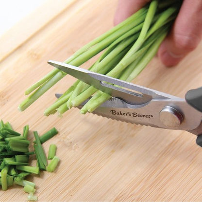 Baker's Secret Kitchen Scissors - 8.5" Stainless Steel with Nut Cracker & Bottle Opener | Black Handle