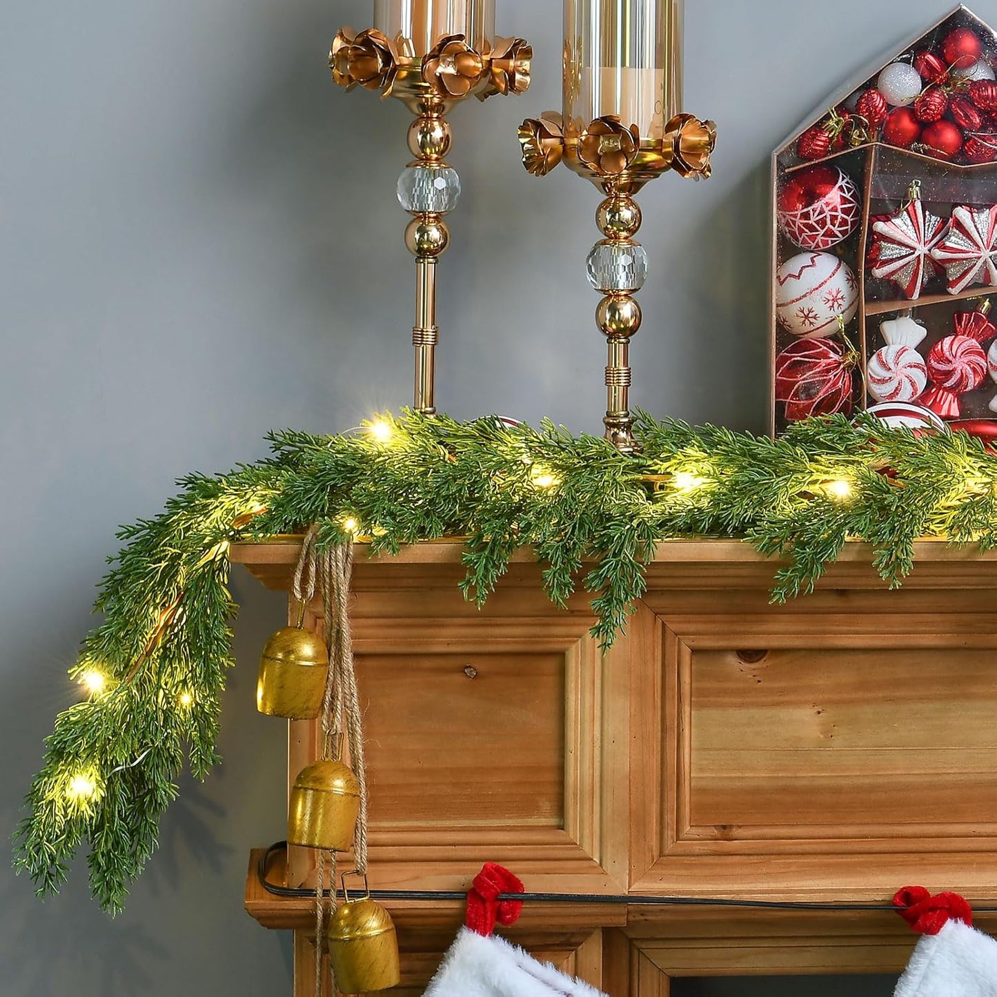 Skiennix 6.2FT Christmas Garland - Lush Greenery with Lights | Real Touch Cedar & Soft Pine Branches for Indoor/Outdoor Decor