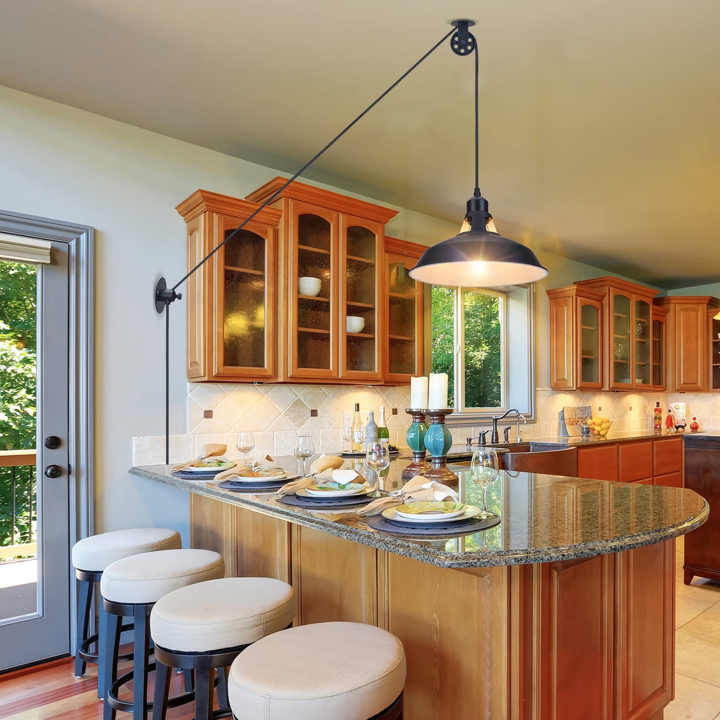 Lomoky Plug in Pulley Pendant Light with 14.76ft Cord On/Off Switch, Industrial Barn Black Hanging Lights with Plug in Cord, Pulley Wall Pendant Lamp for Kitchen Island, Pool Table, Bedroom, 1 Pack