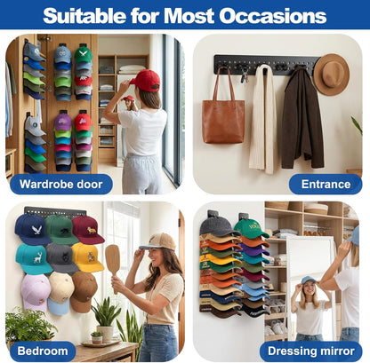 Skiennix Hat Hook Organizer - 2 Pack Baseball Cap Hanger with Strong Adhesive | Multilayer Storage for 20 Caps - Black