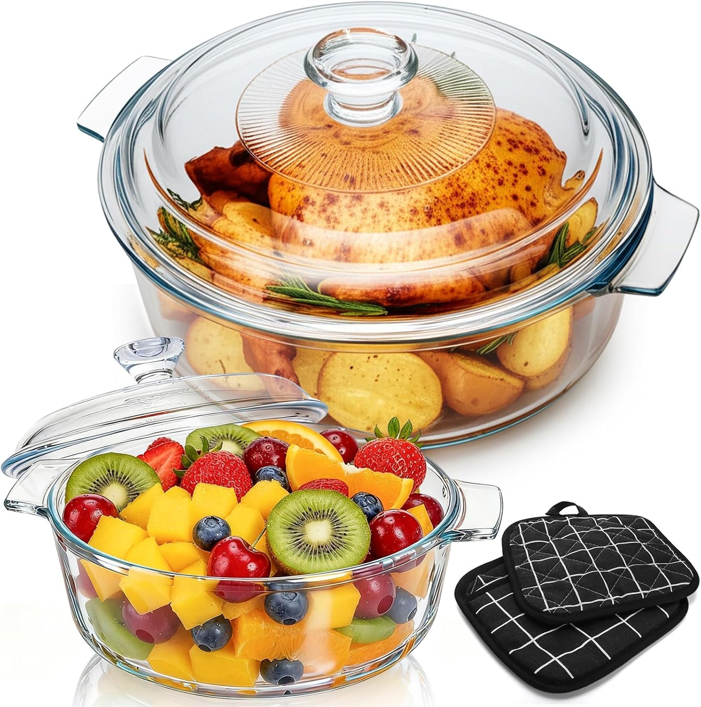 Skiennix Glass Casserole Dish Set - 2 Pack Round Baking Dishes with Lids | 1.8Qt & 0.8Qt, Dishwasher Safe