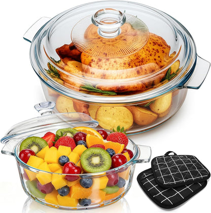 Skiennix Glass Casserole Dish Set - 2 Pack Round Baking Dishes with Lids | 1.8Qt & 0.8Qt, Dishwasher Safe