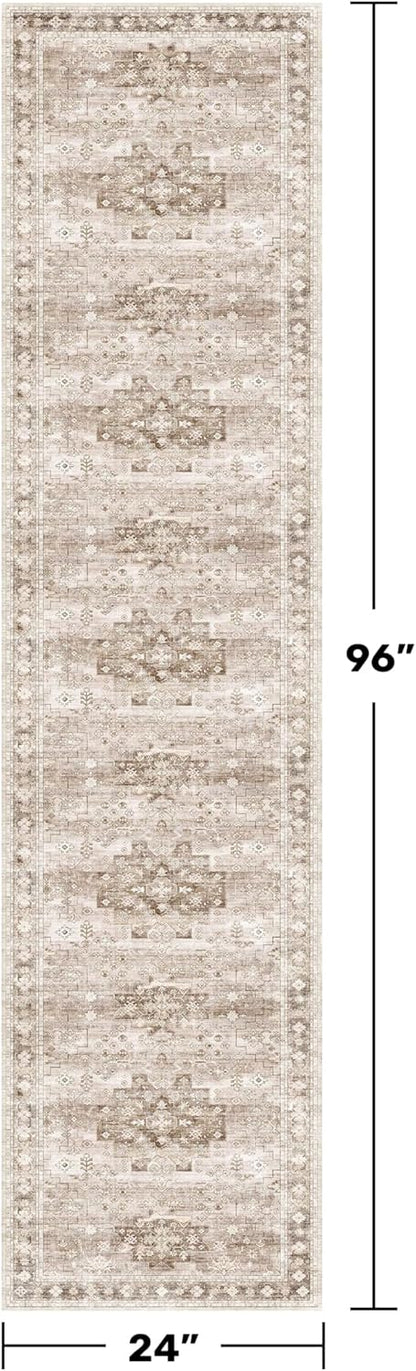 Boho 2x8 Long Runner Rug - Non-Slip Vintage Floral Design for Kitchen & Hallway | Washable Beige Latte