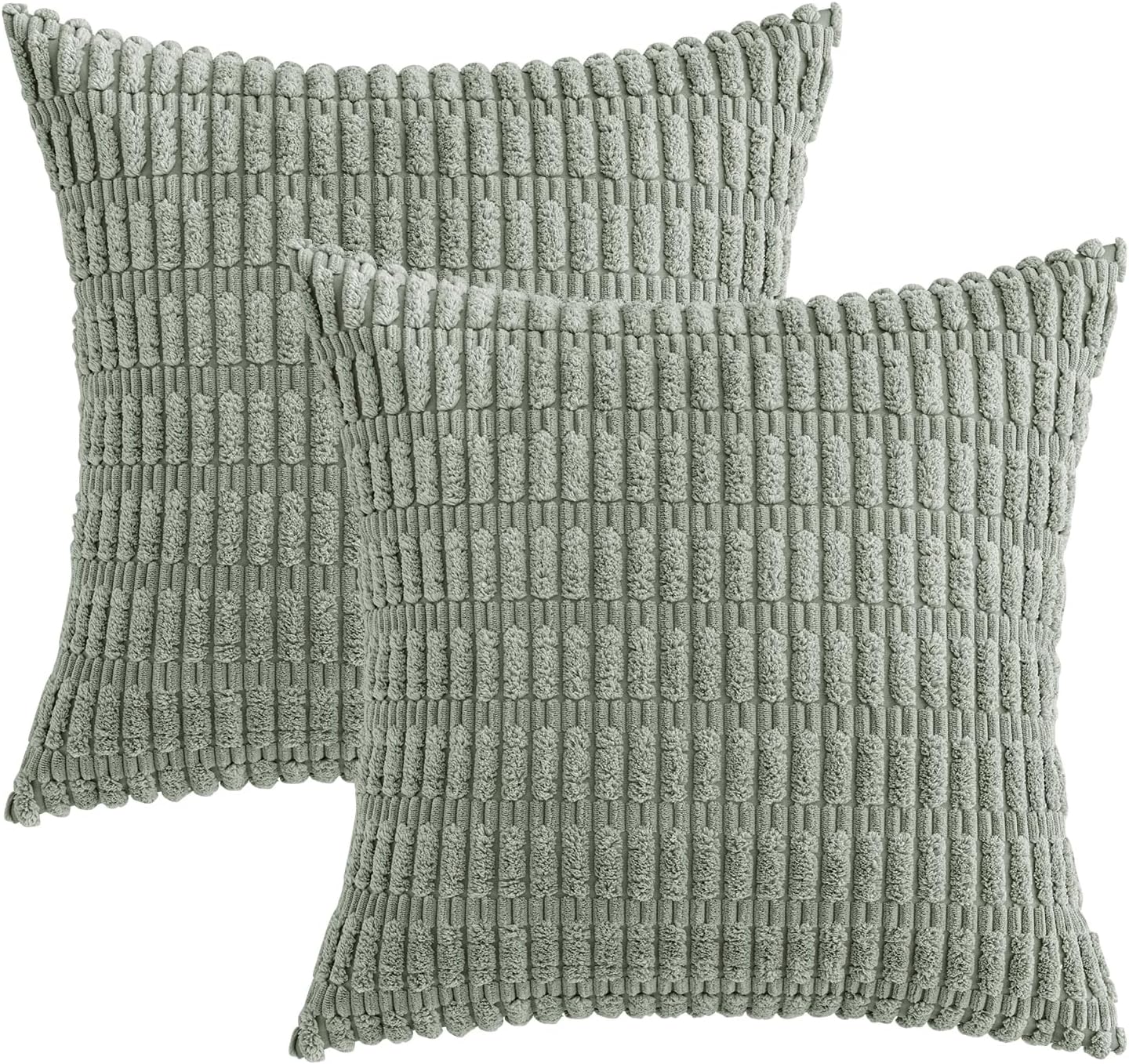MIULEE Euro Sham Pillow Covers - Soft Boho Striped Corduroy | 24x24 Inch, Greyish Green, Set of 2
