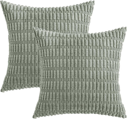 MIULEE Euro Sham Pillow Covers - Soft Boho Striped Corduroy | 24x24 Inch, Greyish Green, Set of 2