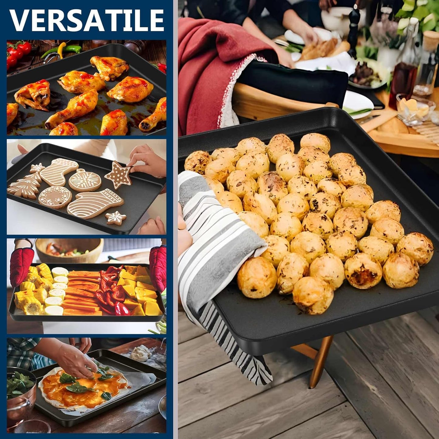 P&P CHEF 16-Inch Non-Stick Baking Cookie Sheet Pan - Durable Carbon Steel Oven Tray for Bread, Meat & Vegetables