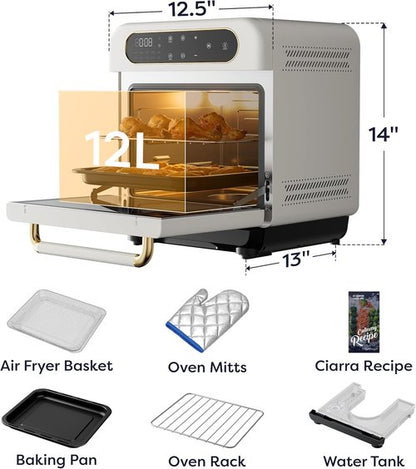 CIARRA 13QT 8-in-1 Air Fryer Steam Oven - Versatile Mini Toaster Oven in White for Healthy Cooking