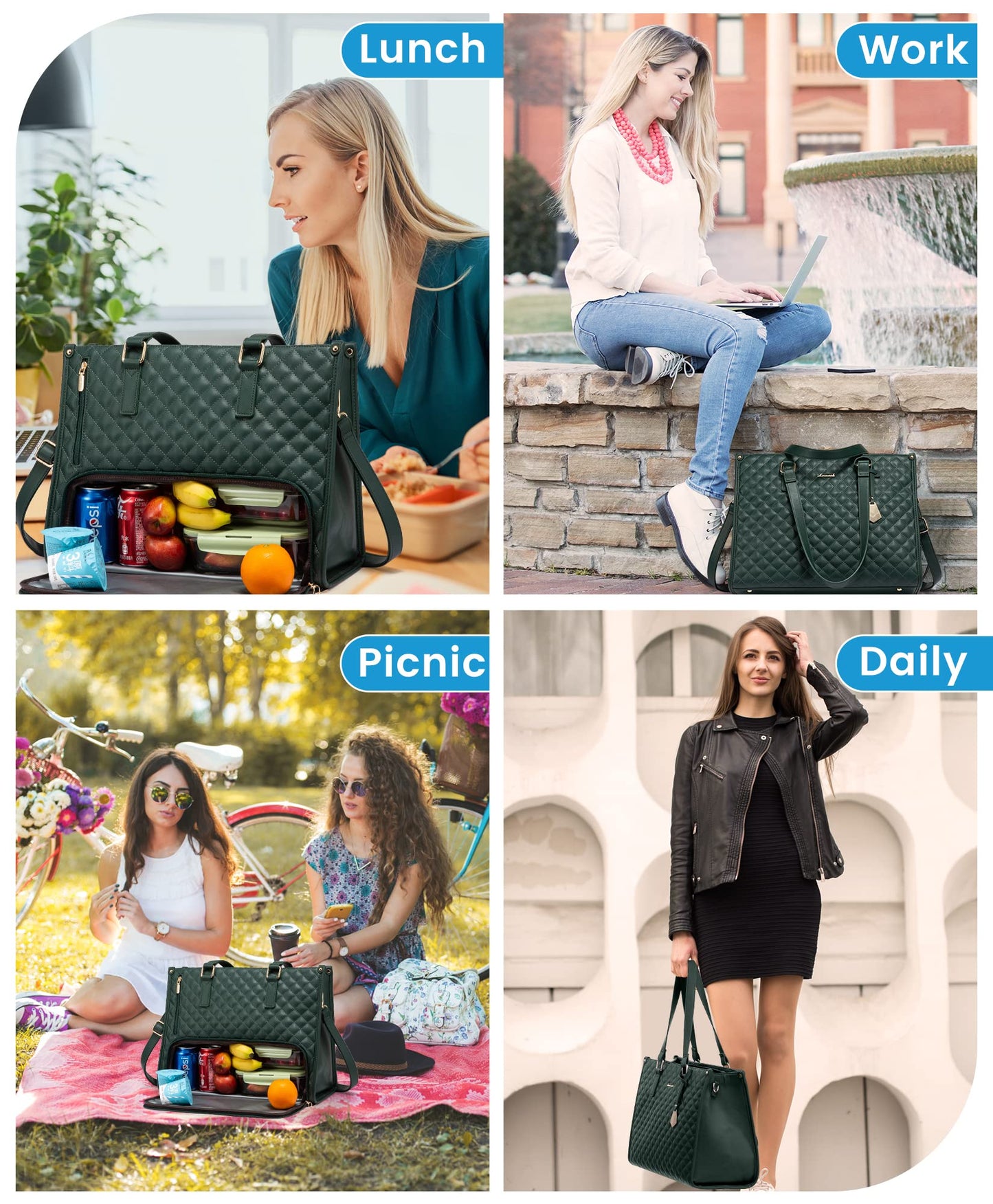 LOVEVOOK Lunch Tote Bag for Women, 15.6 Inch Laptop Bag with Insulated Lunch Compartment, Quilted Large Capacity Computer Handbag with Purse for Business, Work, Nurse, Collage, Office, Casual, Green