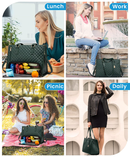 LOVEVOOK Lunch Tote Bag for Women, 15.6 Inch Laptop Bag with Insulated Lunch Compartment, Quilted Large Capacity Computer Handbag with Purse for Business, Work, Nurse, Collage, Office, Casual, Green
