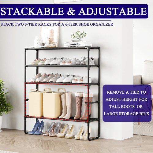 COAPUKT Long Shoe Rack, 3-Tier Stackable Shoe Organizer for Closet, Entryway, Hallway, Extra Bottom Layer, Holds 16-20 Pairs, Sturdy & Durable Waterproof Fabric Shelf, Space-Saving,Black(35.8" Wide)