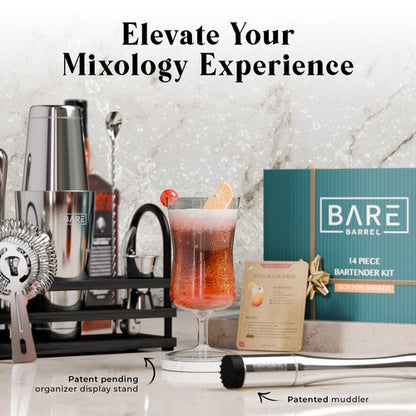 BARE BARREL® Mixology Bartender Kit Bar Set | 14-Piece Cocktail Shaker Set | Martini Barware Mixing Tools for Home Bartending | 35 Recipe Cards | Gift Set (28oz Boston Shaker, Silver/Black)