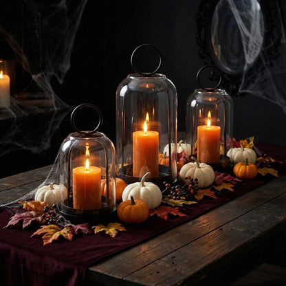 Skiennix 3 Pack Metal Candle Holders - Versatile Black Candlestick Holders with Glass Domes | 5.5", 4.7", 3.9" Wide