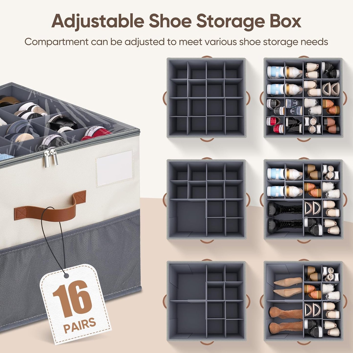 Skiennix Shoe Organizer - 2 Pack Adjustable Storage Containers with Clear Lids | Fits 16-32 Pairs, Beige & Grey