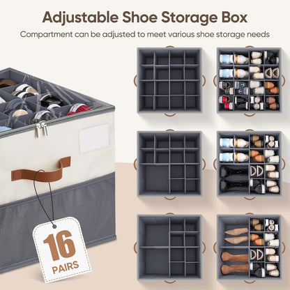 Skiennix Shoe Organizer - 2 Pack Adjustable Storage Containers with Clear Lids | Fits 16-32 Pairs, Beige & Grey