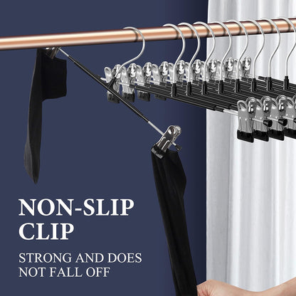 Skiennix Pants Hangers with Clips - Adjustable Heavy-Duty Non-Slip Skirt Hangers | 20-Pack, Black, 12-Inch
