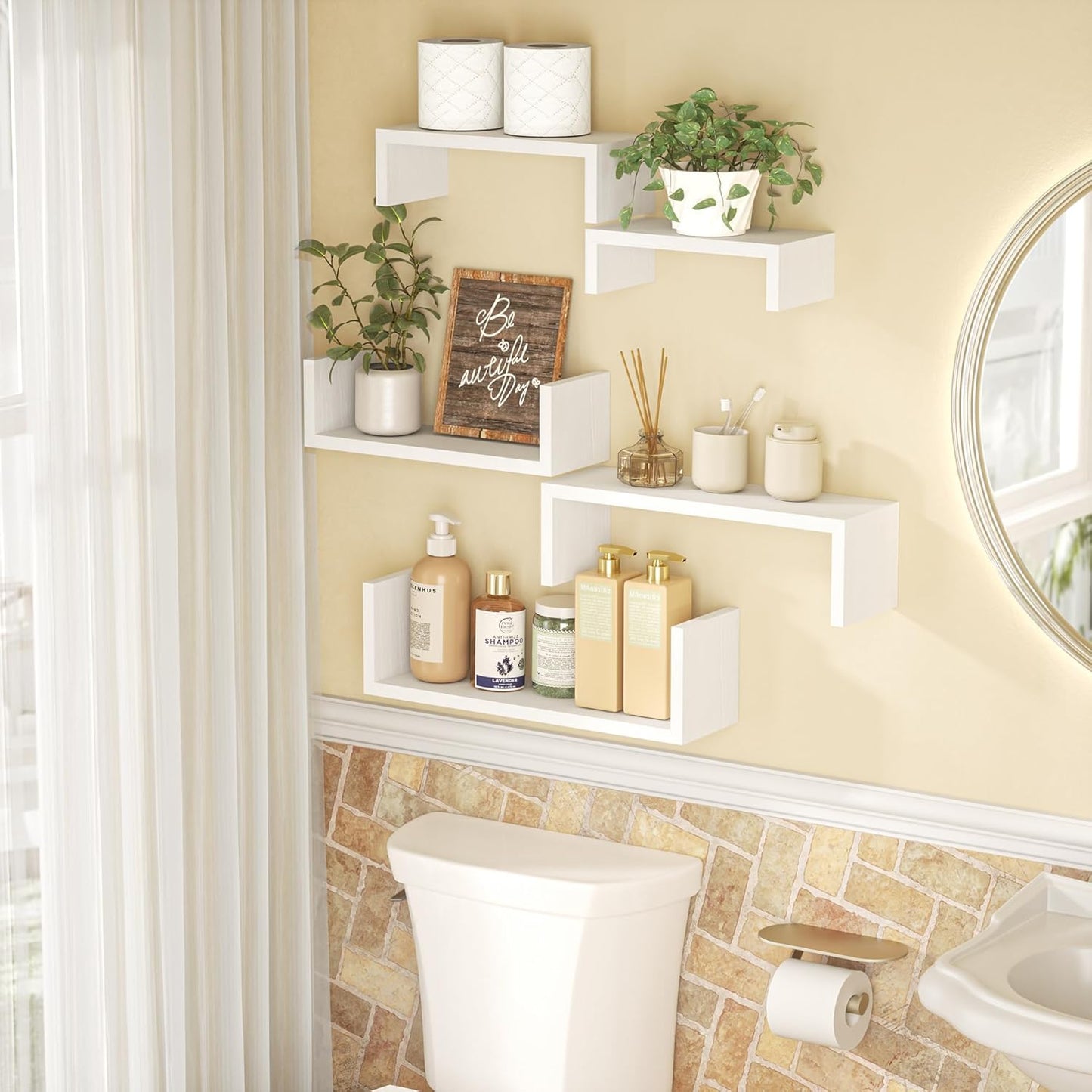 SRIWATANA Floating Wall Shelves - Set of 5 Wood Shelves for Home Decor | Versatile for Bathroom, Bedroom, Kitchen, Office (Washed White)