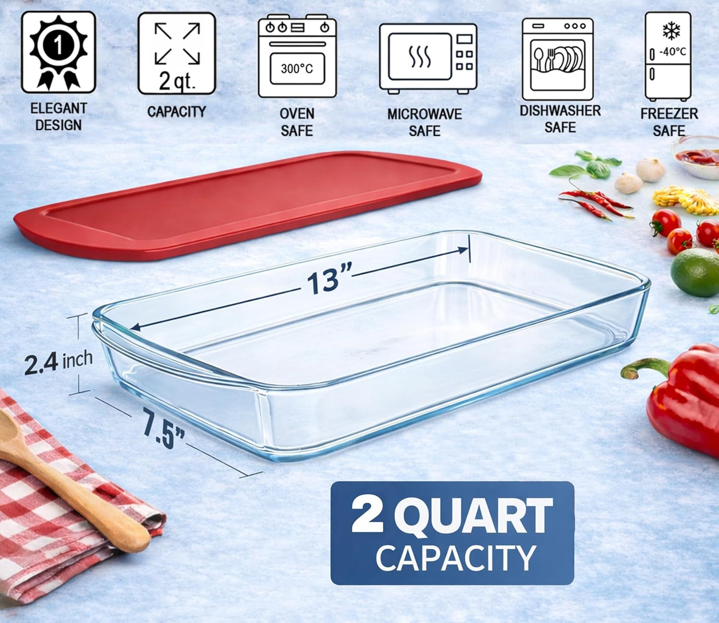 Ums 2-Qt Glass Baking Dish - Borosilicate Casserole with Lid | Oven, Microwave & Dishwasher Safe (13" x 7.5" x 2.4")