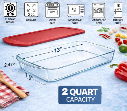 Ums 2-Qt Glass Baking Dish - Borosilicate Casserole with Lid | Oven, Microwave & Dishwasher Safe (13" x 7.5" x 2.4")