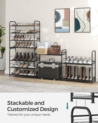 SONGMICS 4-Tier Shoe Rack - Stackable Metal Storage Shelf for 16 Pairs | Adjustable Slanted Design, Black
