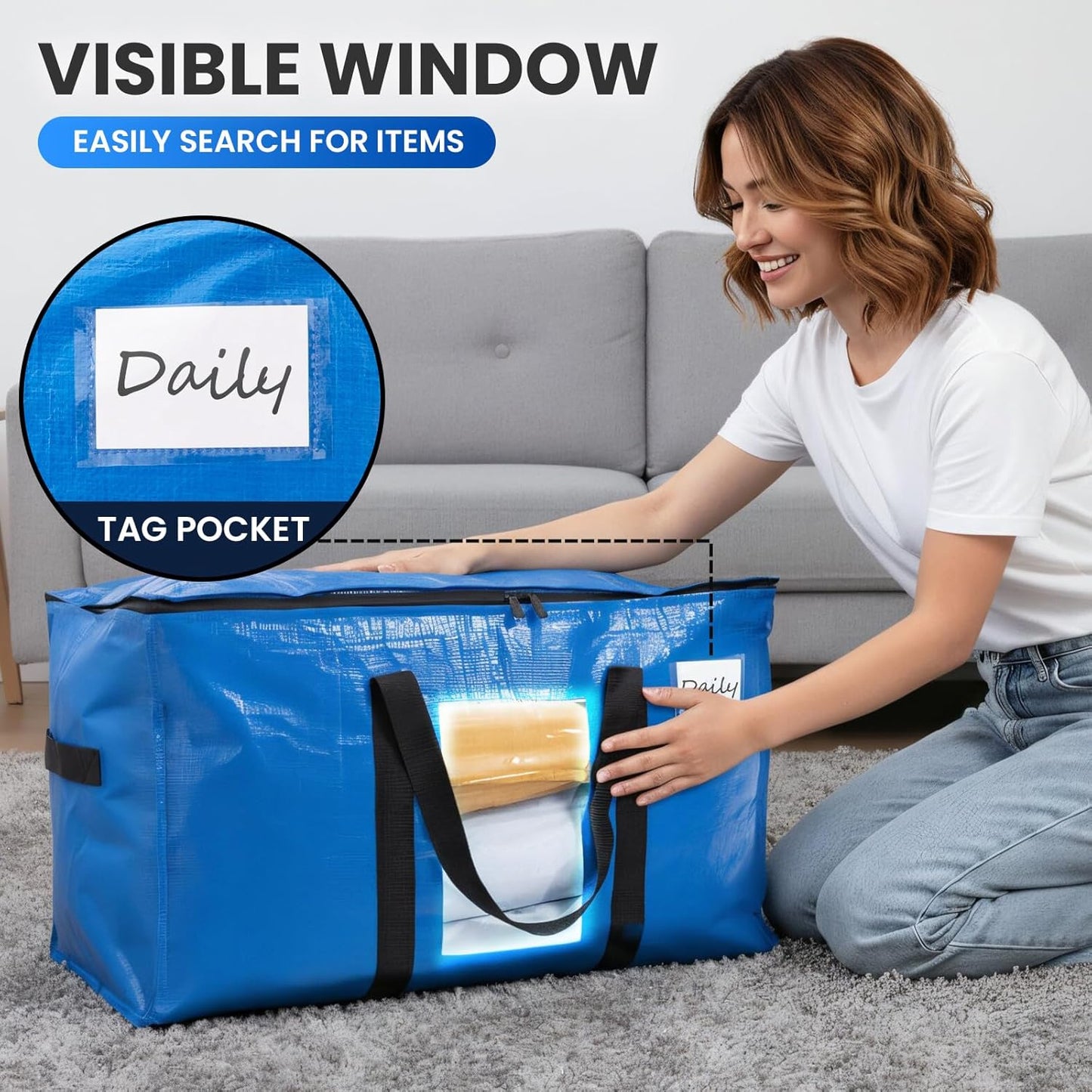 TAILI Extra Large Moving Bags - 4 Pack Heavy Duty Blue Totes with Visible Window & Wrap Around Handles