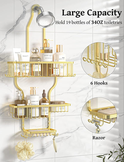 YASONIC Shower Caddy Organizer - Rustproof Aluminum Over-the-Showerhead Rack with 10 Hooks & Soap Basket - Gold