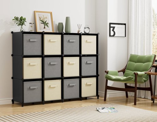 Closet Organizers and Storage, 12 Cube Storage Organizer, Portable Closet Organization Clothes Shelves for Kids, Closet, Bedroom, Bathroom, Office, Black