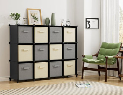 Closet Organizers and Storage, 12 Cube Storage Organizer, Portable Closet Organization Clothes Shelves for Kids, Closet, Bedroom, Bathroom, Office, Black