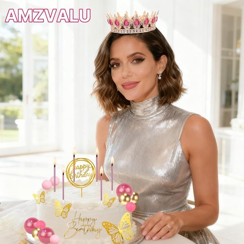 AMZVALU Crown Cake Topper Set - 3 Happy Birthday Decorations with Ball Candles & Butterflies | Rose Gold & Pink