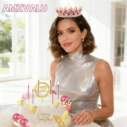 AMZVALU Crown Cake Topper Set - 3 Happy Birthday Decorations with Ball Candles & Butterflies | Rose Gold & Pink