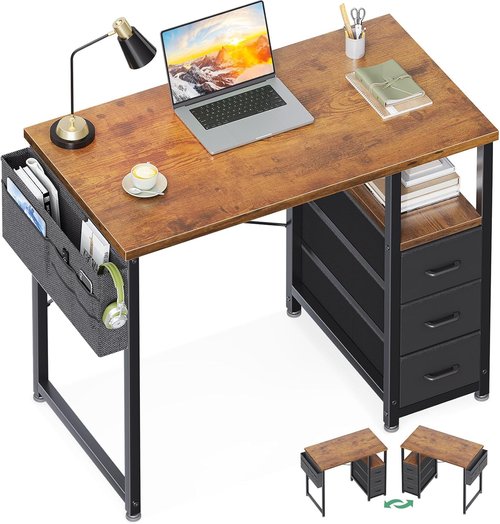 AODK 32" Small Computer Desk - Vintage Kids Study Writing Desk with Fabric Drawers & Storage Shelf