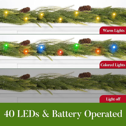 9ft Norfolk Pine Garland with Lights - 40-LED Battery Operated, 8 Modes, Pinecones, Timer - Prelit Christmas Decoration