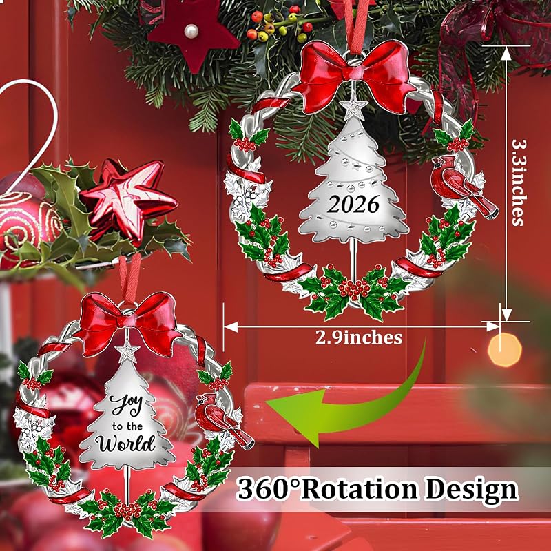 Rotating 2026 Christmas Ornament - Double-Sided Wreath Keepsake in Metal, 1 Pack (Variation: Rotatable Ornament+Large)