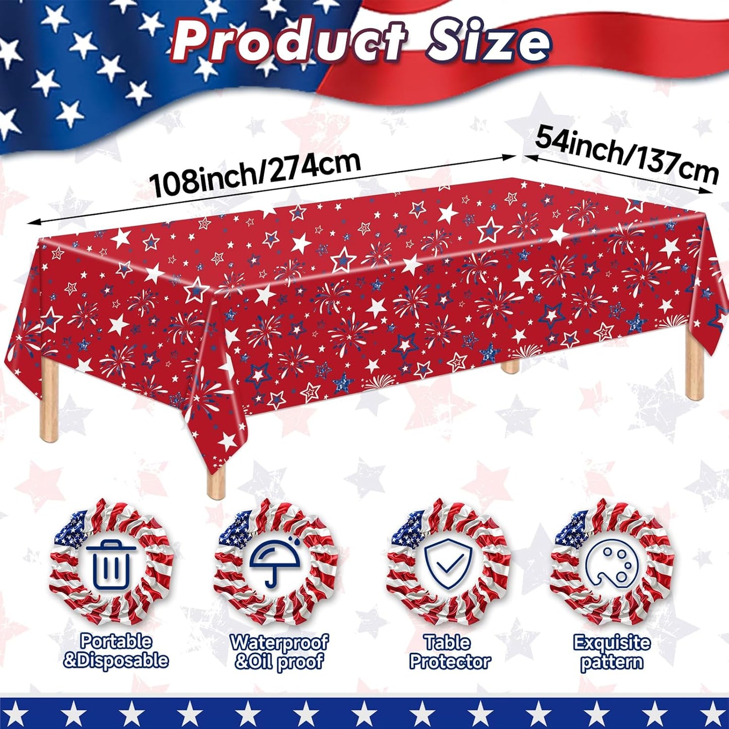 Patriotic Tablecloth Set by [Brand Name] - 3 Pcs Red, White & Blue Disposable Table Covers | 54 x 108 Inch for 4th of July & Memorial Day Celebrations