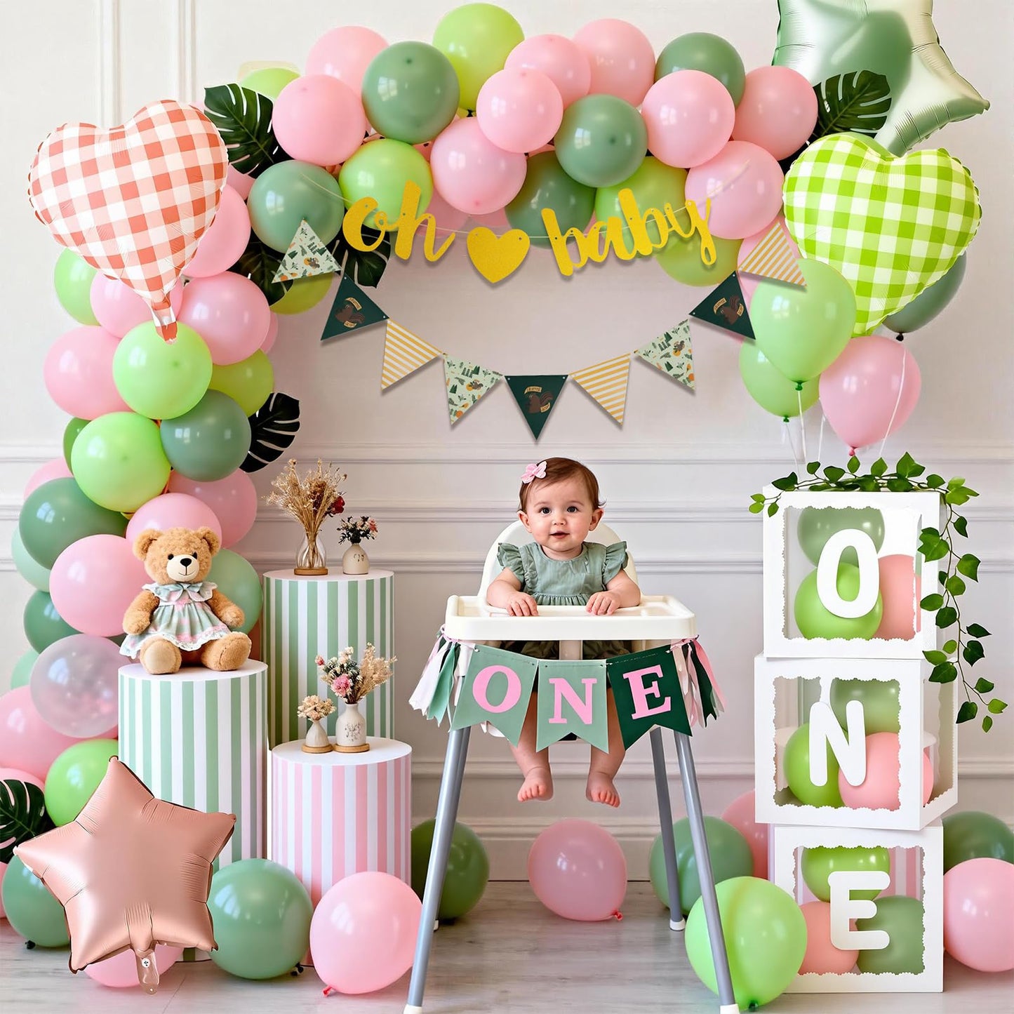 Winrayk Pink Green First 1st Birthday Decorations Girl, ONE Balloon Box Pink Green Balloon Arch Kit Oh Baby Banner Pennant Banner Heart Foil Balloons, One Year Old First Birthday Decorations for Girls