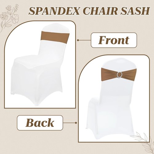 MDS Spandex Chair Sashes - 125 Pack of Elastic Stretch Bows with Buckle Slider for Wedding Decor - Mocha