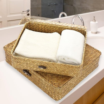 Hipiwe Wicker Storage Bins - Set of 2 Natural Seagrass Baskets with Lids | Multipurpose Home Organizer in Caramel