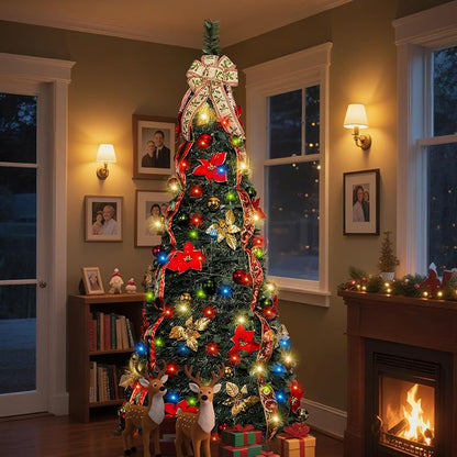 6ft Pop Up Christmas Tree with Lights - Pre-Lit, Collapsible, Decorated (Red & Green)