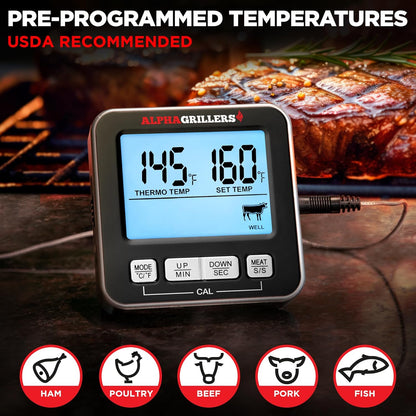 Alpha Grillers Digital Meat Thermometer - Accurate Cooking & Grilling Tool with 7 Preset Alerts | Stainless Steel Probe