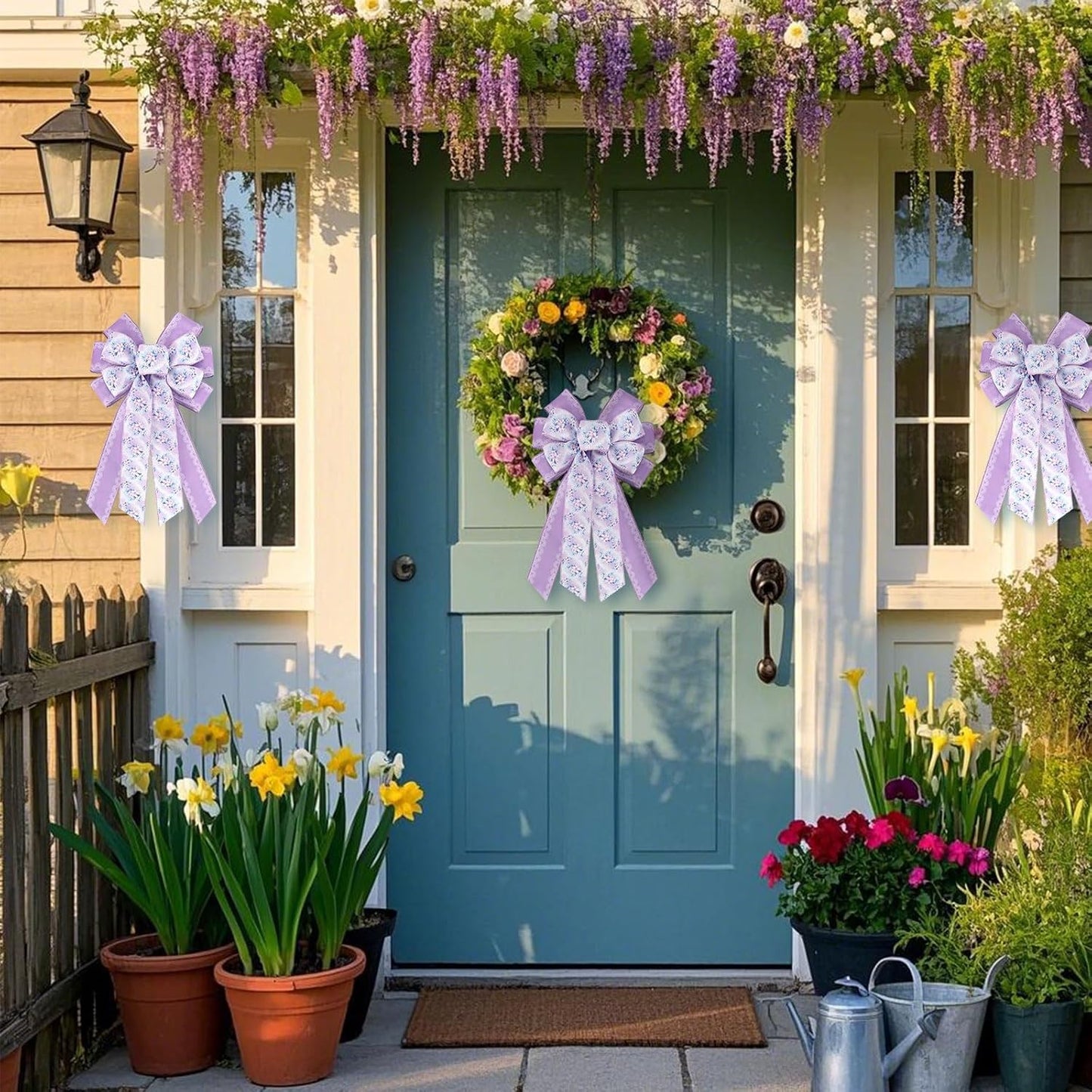 Spring Floral Wreath Bows - Purple Burlap Wired Bows with Lace for Weddings & Birthdays | Large Rustic Decor
