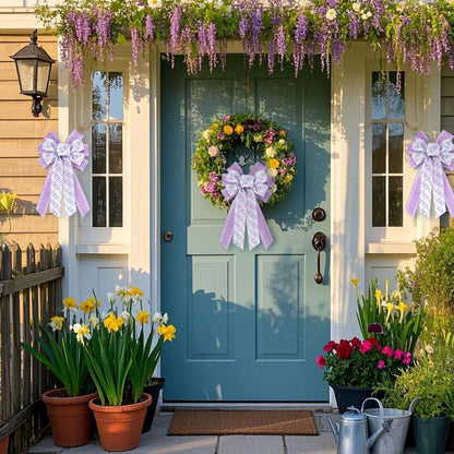 Spring Floral Wreath Bows - Purple Burlap Wired Bows with Lace for Weddings & Birthdays | Large Rustic Decor
