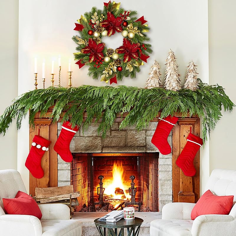 Red 24-Inch Christmas Wreath with Lights & Poinsettias - Pre-Lit