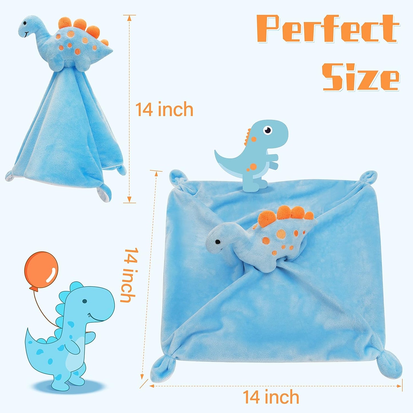 Pro Goleem Dinosaur Security Blanket - Soft Lovey Snuggle Toy for Babies | Blue 14 Inch
