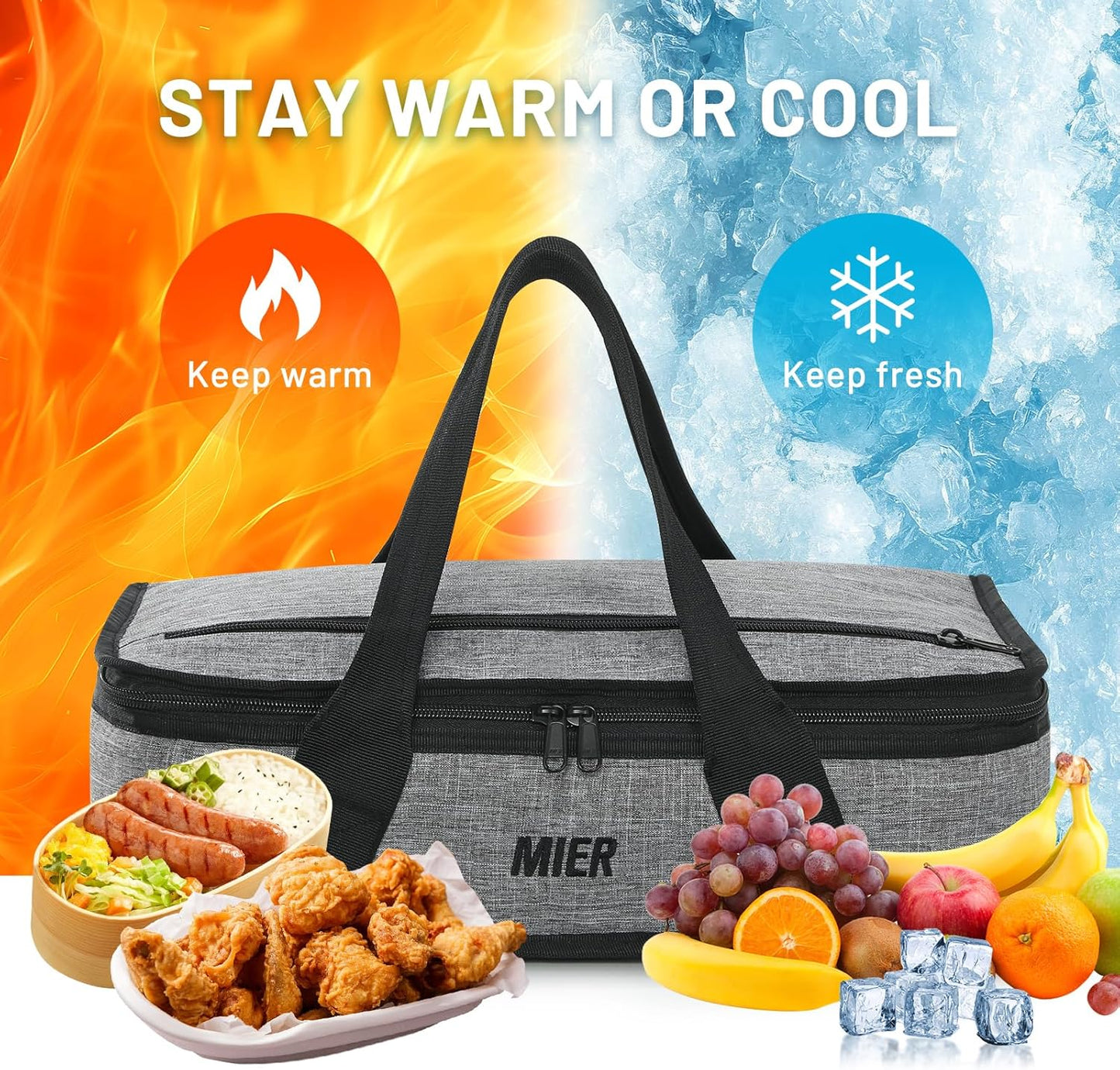 MIER Insulated Casserole Carrier - Thermal Food Bag for Hot or Cold Dishes | Fits 9"x13" Baking Dish, Gray