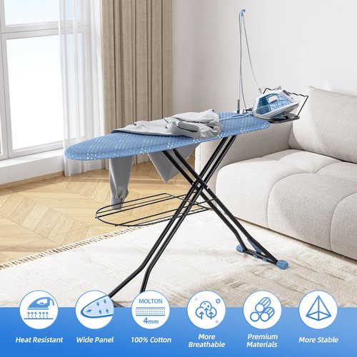 KINGBOARD Ironing Board, Compact Iron Board Full Size with Extra Thick Cover, 7 Adjustable Heights Stand with Hanger and Iron Rest, Large Heavy Duty Ironing Board with Storage Tray, 13x43 Blue