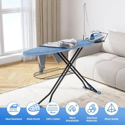 KINGBOARD Ironing Board, Compact Iron Board Full Size with Extra Thick Cover, 7 Adjustable Heights Stand with Hanger and Iron Rest, Large Heavy Duty Ironing Board with Storage Tray, 13x43 Blue