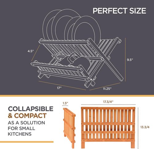 Bambusi Collapsible Bamboo Dish Drying Rack - Eco-Friendly 2-Tier Foldable Drainer for Kitchen Countertop